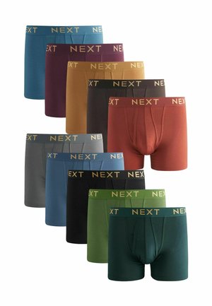 Verschiedene Boxer-Briefs in verschiedenen Farben: Blau, Burgunder, Senfgelb, Dunkelgrau, Schwarz, Dunkelgrün und Rost, mit elastischem NEXT-Bund.