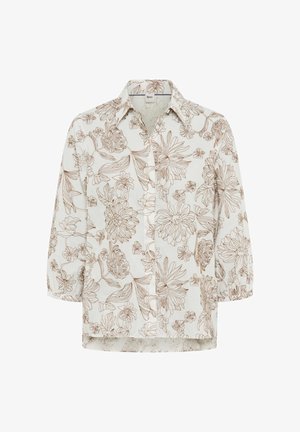 Hvid bluse med brunt blomstermønster i linjekunst, trekvartærmer, krave og knaplukning foran.