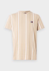 Beige short-sleeve T-shirt with vertical white stripes and a small Tommy Jeans logo patch on the left chest.