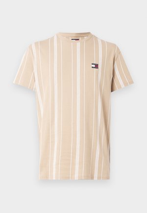 Beige, rövid ujjú póló, függőleges fehér csíkokkal, a bal mellen egy kis Tommy Jeans logóval.