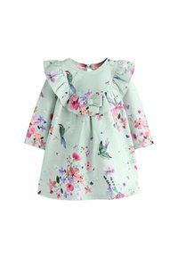 Mintgrünes Kleid mit langen Ärmeln, Rüschensaum und floralem Muster mit Vögeln. Der Stoff wirkt weich mit einer glatten Textur und einer Schleifenakzentuierung.