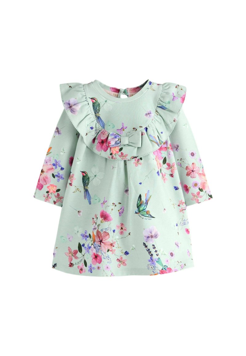 Mintgrünes Kleid mit langen Ärmeln, Rüschensaum und floralem Muster mit Vögeln. Der Stoff wirkt weich mit einer glatten Textur und einer Schleifenakzentuierung.