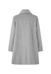 Grå ullkappa med en notch-krage, långa ärmar och en rak passform med en mittbakre vent för ökad rörlighet.