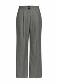 Pantaloni grigi a vita alta con gambe larghe, pieghe sul davanti e due bottoni neri in vita, esposti su uno sfondo bianco.