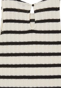 Strickoberteil mit horizontalen schwarz-weißen Streifen, mit einem offenen Rücken und einem Knopfverschluss. Strukturmuster über das gesamte Produkt.