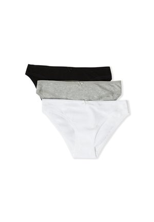Tre paia di mutande da donna in nero, grigio e bianco. Ognuna ha un design semplice, materiale in cotone morbido e un piccolo dettaglio a forma di fiocco.