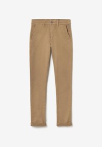 Ljusbruna chinos, bomullsblandning, slim fit-design, rak front med knäppning, sidofickor och uppvikta ärmar.