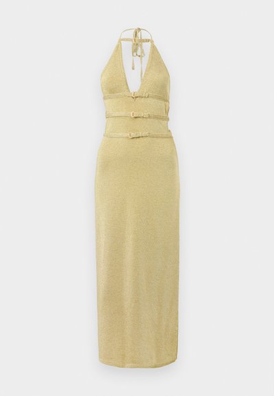 Gold halter neck dress with a deep V-neckline, belted waist, and straight silhouette. Made from a shimmering fabric with a smooth texture.