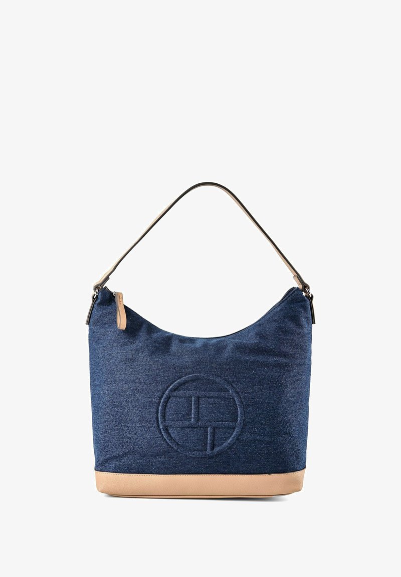 Sac à bandoulière en tissu bleu marine avec base et sangle en cuir beige, arborant un logo circulaire embossé sur le devant.