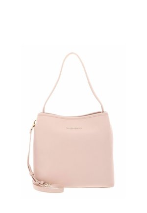 Sac à épaule Valentino rose doux avec logo doré, une seule bandoulière et une bandoulière réglable et amovible pour porter en travers.