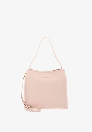 Sac à épaule Valentino rose doux avec logo doré, une seule bandoulière et une bandoulière réglable et amovible pour porter en travers.