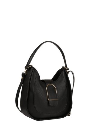 Black leather shoulder bag with a curved top handle, a detachable long strap, and a gold-tone U-shaped clasp on the front.