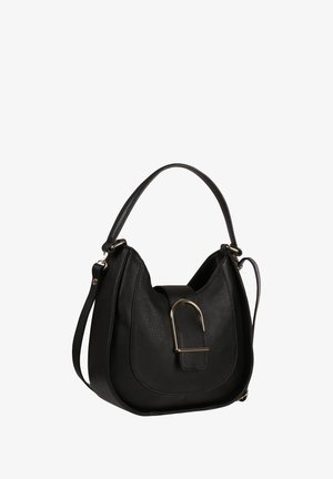 Black leather shoulder bag with a curved top handle, a detachable long strap, and a gold-tone U-shaped clasp on the front.
