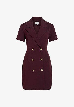 Sötétlila rövid ujjú blézer ruha széles hajtókával és hat arany gombbal, dupla soros elrendezésben.