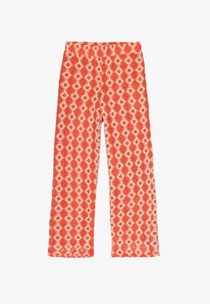 Gemusterte Hosen mit weitem Bein aus strukturiertem Stoff, mit einem geometrischen Design in Koralle und Creme. Elastischer Bund für Komfort.