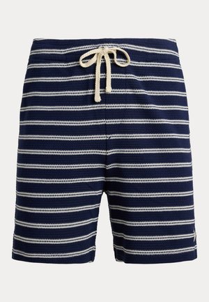 Σκούρα μπλε πλεκτά σορτς με οριζόντιες λευκές ρίγες και λευκό κορδόνι στη μέση.