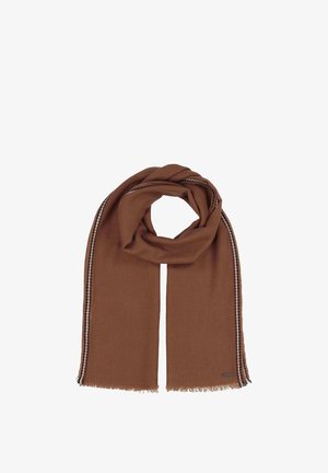 Brūns šalle, izgatavota no mīksta auduma, ar frēzētām beigām un rakstainu malu, kurai ir maiņīgas krāsas gar malām.