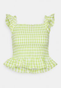 Zelené a bílé kostkované bezramínkové tričko se smockovaným živůtkem, volánkovými ramínky a peplum lemem.