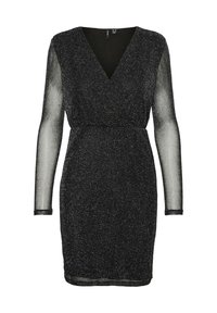 Robe noire avec manches longues en voile transparent, encolure en V et taille cintrée. Conçue en tissu texturé avec un éclat métallique sur toute la surface.