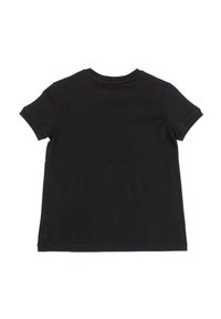 T-shirt nero a maniche corte steso, che mostra il retro con un collo rotondo e maniche a giro su uno sfondo bianco.