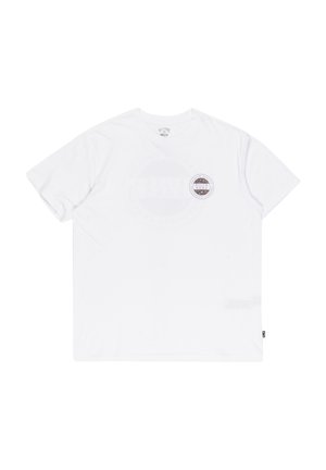 White cotton t-shirt with a round neckline and short sleeves, featuring a circular logo printed on the chest in red and blue accents.