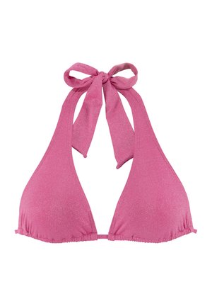 Rosa Halter-Bikini-Oberteil mit glitzernder Textur, dreieckigen Cups und Halsbändern. Besitzt eine geraffte Naht entlang des Saums.