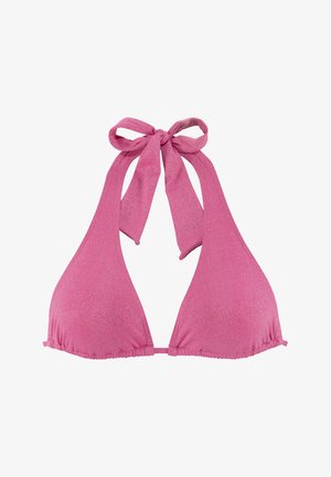 Roze halter bikini-top met een sprankelende textuur, driehoekige cups en strikjes bij de nek. Heeft geplooide stiksels langs de onderkant.
