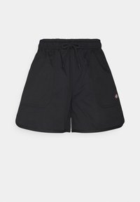 Černé šortky vyrobené z lehkého materiálu s elastickým pasem a šňůrkou na stažení. Obsahují dvě přední kapsy a viditelné detaily šití.