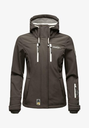 Tamsiai pilka švelnių audinių striukė su kapišonu, balti užtrauktukai ir reguliuojamos raišteliai. turi dvi priekinės kišenes ir logotipą viršutiniame kairiajame krūtinės kampe.