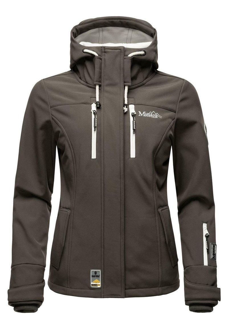 Dark gray softshell jacket with a hood, white zippers, and adjustable drawstrings. Features two front pockets and a logo on the upper left chest.