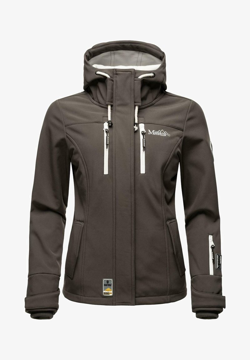 Dark gray softshell jacket with a hood, white zippers, and adjustable drawstrings. Features two front pockets and a logo on the upper left chest.