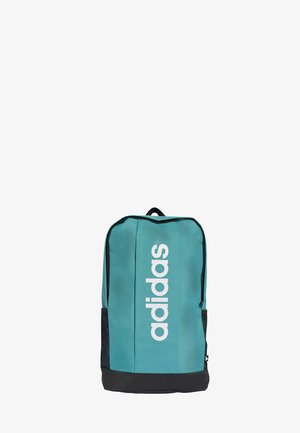 Teal Adidas backpack with black base, side mesh pockets, vertical white Adidas logo, and a top carry handle against a white background.