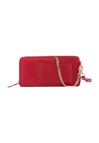 Red leather wallet with gold chain strap, featuring a front pocket and zip closure. Smooth texture and embossed logo detail.