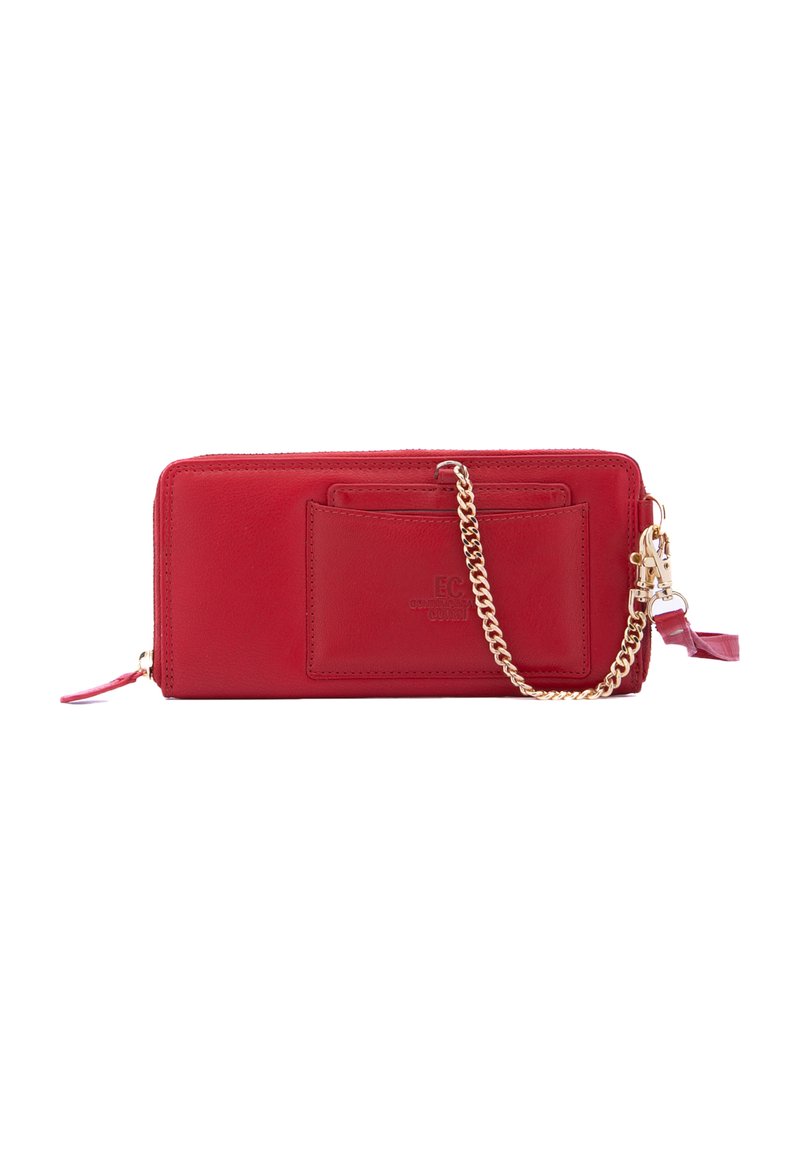 Red leather wallet with gold chain strap, featuring a front pocket and zip closure. Smooth texture and embossed logo detail.