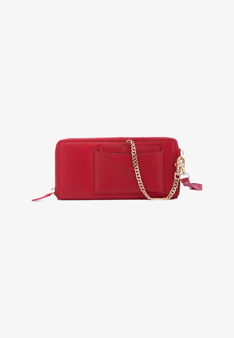 Red leather wallet with gold chain strap, featuring a front pocket and zip closure. Smooth texture and embossed logo detail.
