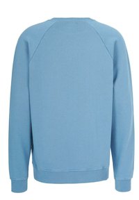 Vaaleansininen collegepaita, jossa on pyöreä kaula-aukko, raglan-hihat, resorit hihoissa ja helmassa; valmistettu pehmeästä puuvillakankaasta, jolla on sileä pinta.