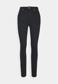 Jeans skinny negros de denim, con un diseño clásico de cinco bolsillos, trabillas para el cinturón y cremallera con cierre de botón.