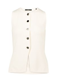 Débardeur blanc sans manches avec un col rond et cinq boutons à motifs noir et blanc au centre devant.