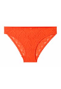 Culotte en dentelle de couleur orange vif avec un motif floral, des bords festonnés et une taille lisse. Fabriquée en tissu léger.