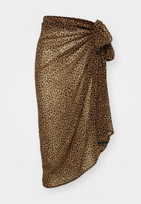 Foulard transparent à imprimé léopard en brun et noir. Tissu léger et fluide avec un design noué d'un côté. Les bords sont lisses.