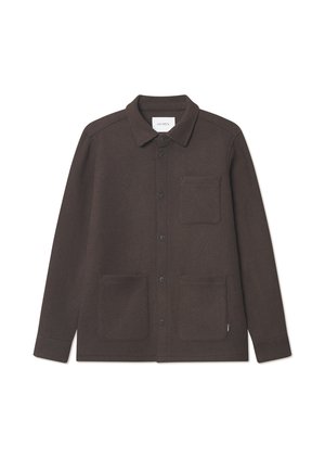 Brown wool-blend button-up jacket with a collar, featuring a front pocket and two larger front pockets. Smooth texture and classic design.