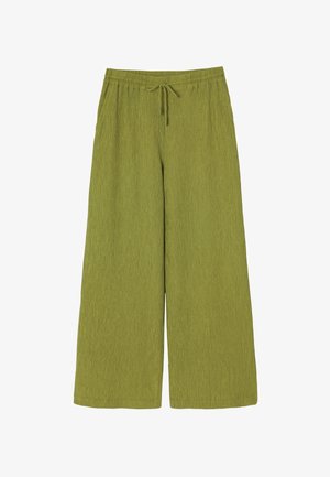 Wide-leg trousers in textured olive green fabric with an elastic waistband and drawstring. Features a relaxed, loose fit.
