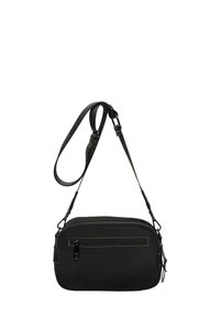 Bolsa bandolera de nylon negro con un compartimento principal con cremallera y un bolsillo frontal, que cuenta con una correa desmontable y detalles de costura en contraste.