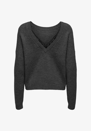 Maglione grigio antracite con scollo a V e dettagli in pizzo. Presenta una vestibilità ampia, maniche lunghe e una consistenza morbida. Design di lunghezza cropped.