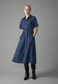 Denim knappkjole med korte ermer, innsnørt midje og lommer. Har en full skjørt, naturlig fibert tekstur, og gullknapper.