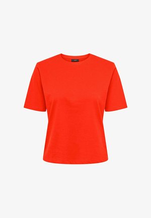 Bright red short-sleeve cotton T-shirt with crew neck, displayed on a white background.