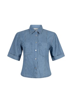 Chemise bleue à manches courtes avec rayures verticales, deux poches poitrine et un col classique.