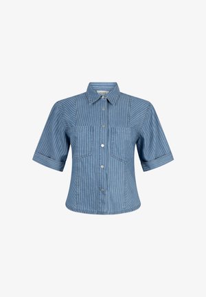 Chemise bleue à manches courtes avec rayures verticales, deux poches poitrine et un col classique.