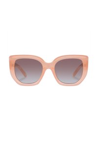 Gafas de sol de gran tamaño en color rosa claro con un marco grueso y brillante y lentes grises degradados, que presentan una forma cuadrada amplia y bordes suaves.