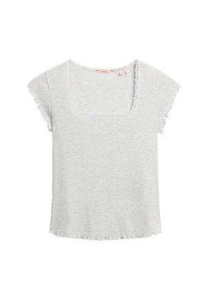 Top corto de color gris claro, con escote cuadrado, textura acanalada y bordes en picos. Tela suave, diseño casual y corte holgado.